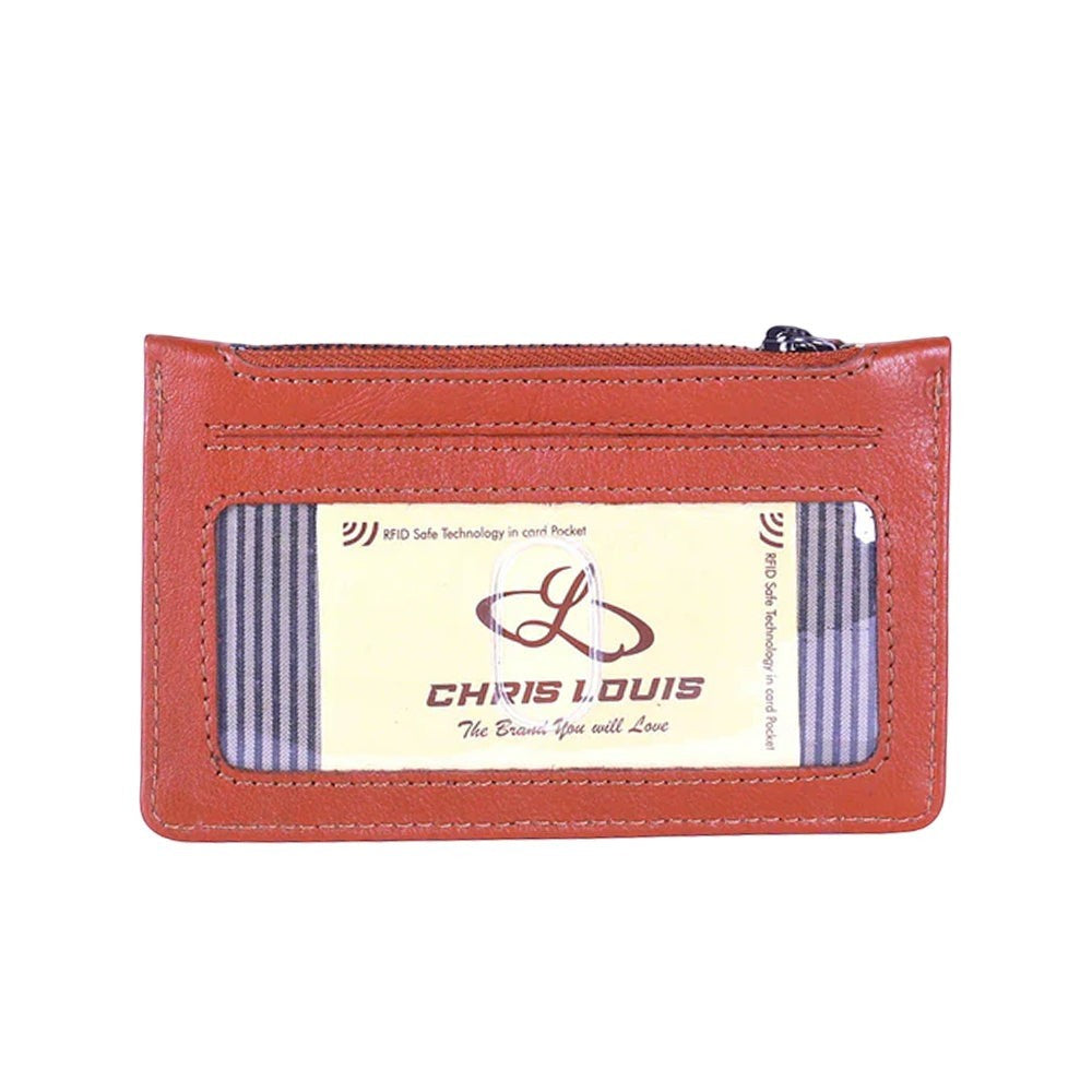 Chris Louis tan genuine leather RFID protected card case with 6 card slots, ID window, slip pocket, and zipper compartment.