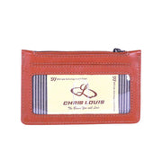 Chris Louis tan genuine leather RFID protected card case with 6 card slots, ID window, slip pocket, and zipper compartment.