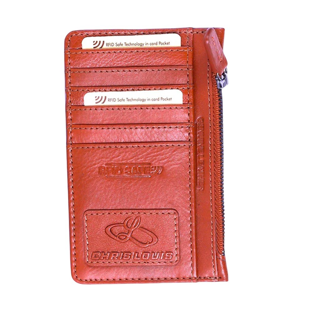 Chris Louis tan genuine leather card case with 6 card slots, ID window, slip pocket, and zipper coin compartment. RFID protected.