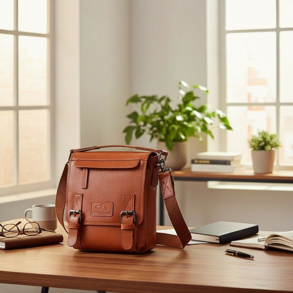 Chris Louis tan genuine leather cross body travel bag with front buckles and adjustable strap.