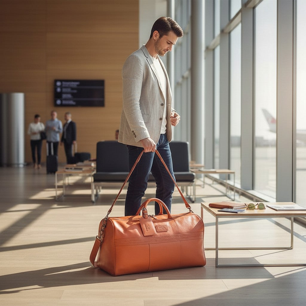 Chris Louis tan leather weekend travel duffle bag with ribbed panel detail and luggage tag, held by a woman in an airport.