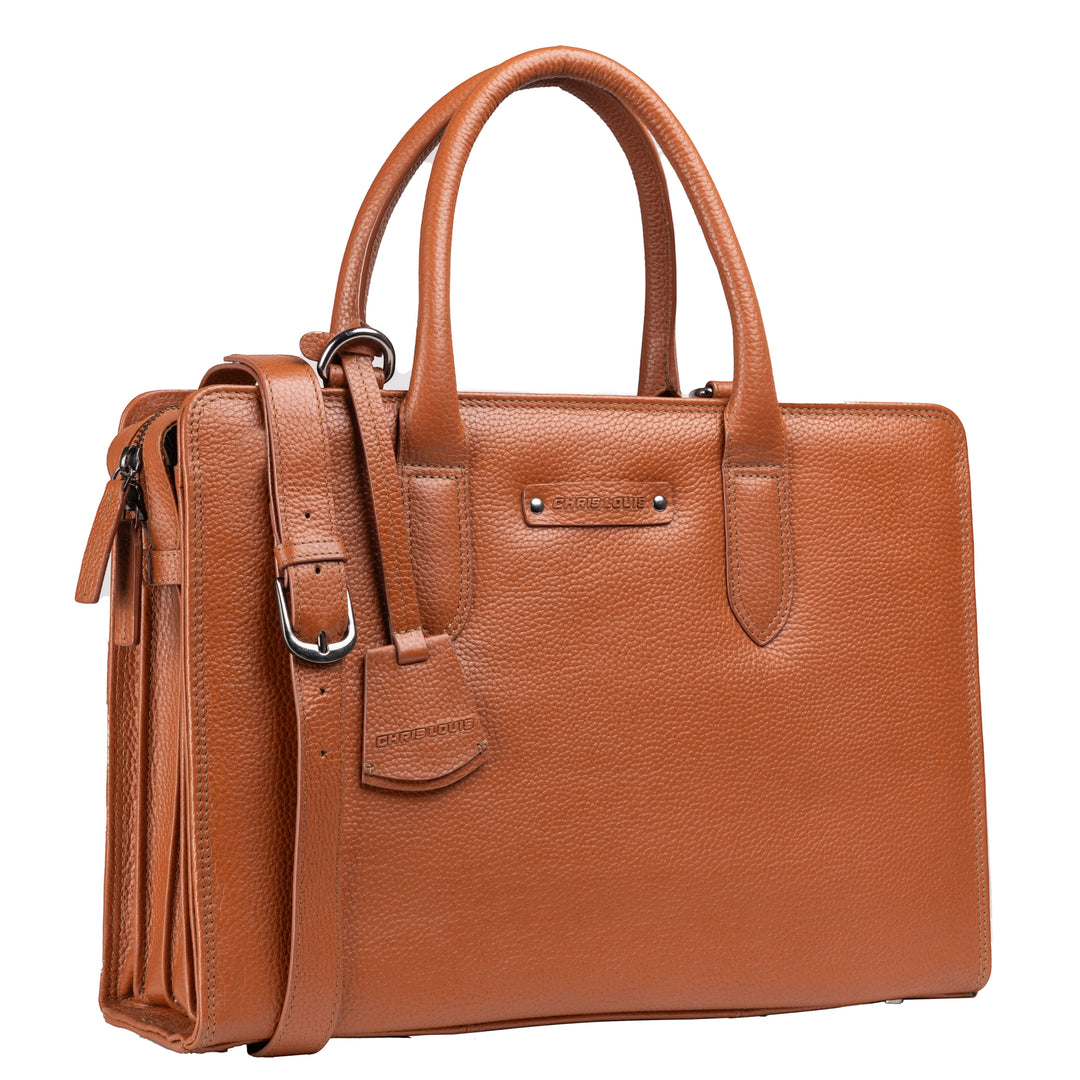 Chris Louis tan leather executive 2-in-1 bag with detachable laptop case and adjustable shoulder strap.