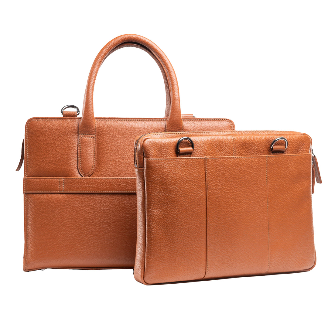 Chris Louis tan genuine leather 2-in-1 executive bag with detachable laptop case and top handles.