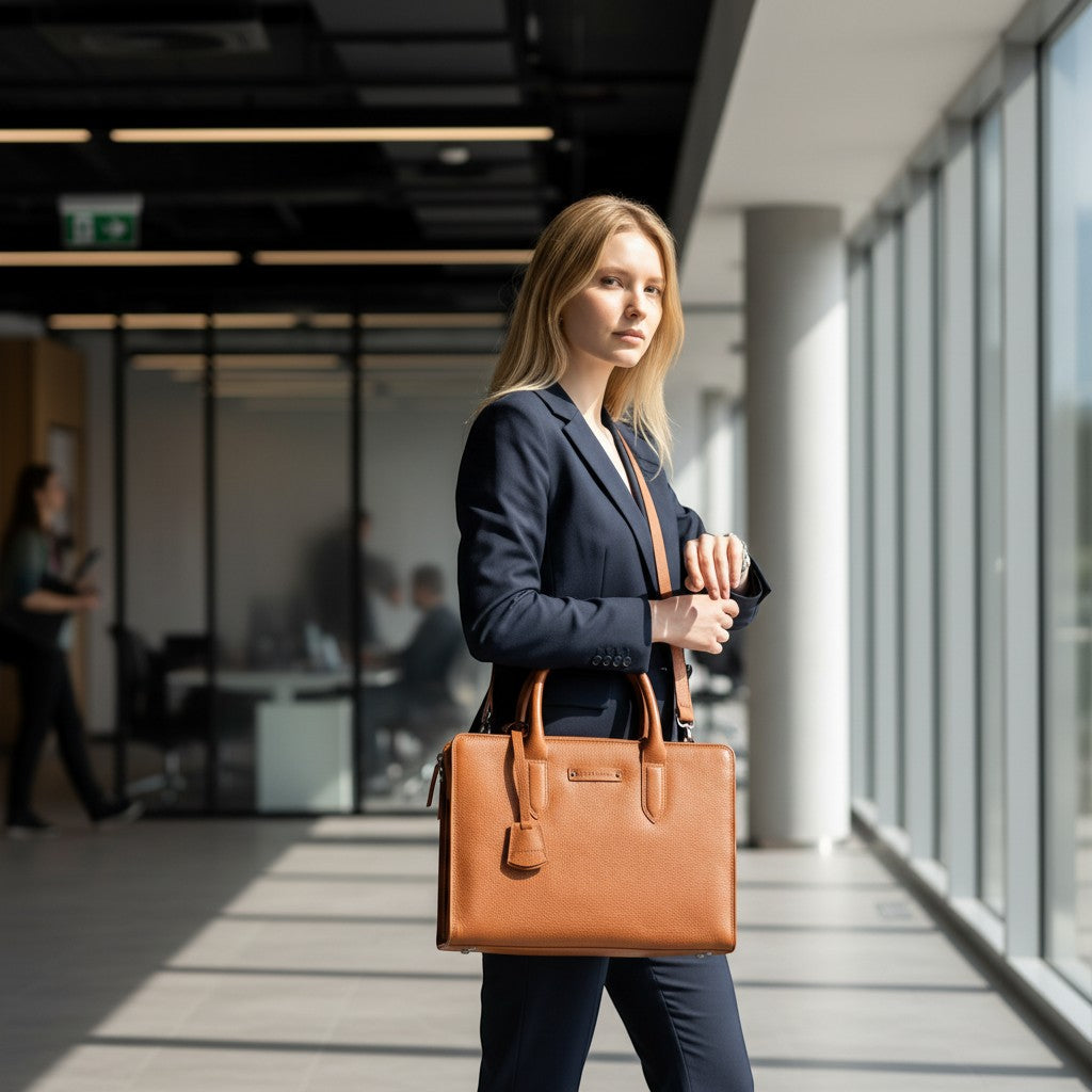 Chris Louis tan leather executive bag with detachable laptop case and adjustable strap, carried by a woman in a navy suit.