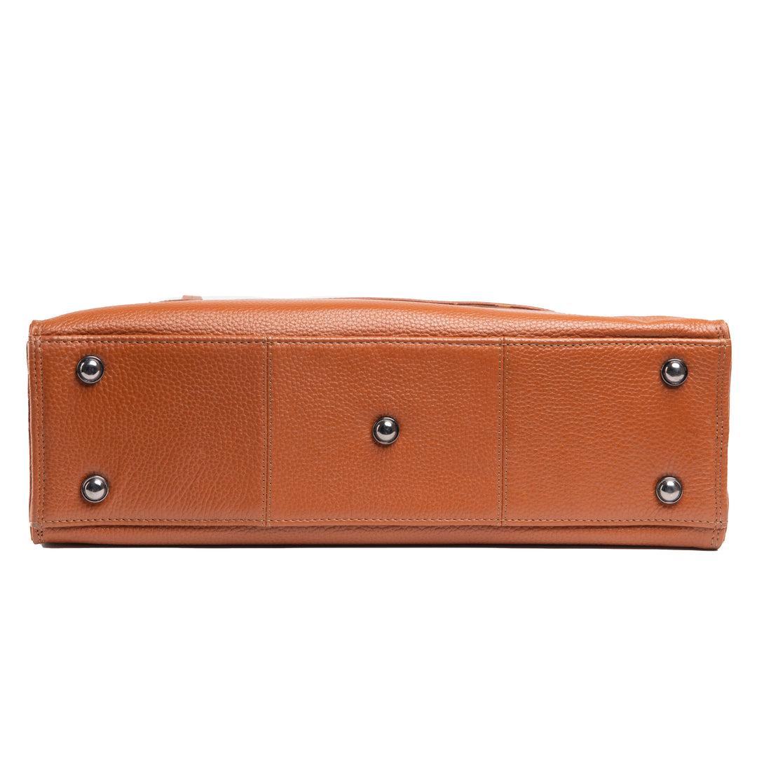 Chris Louis tan leather executive bag with metal feet, top handles, and a detachable laptop case.