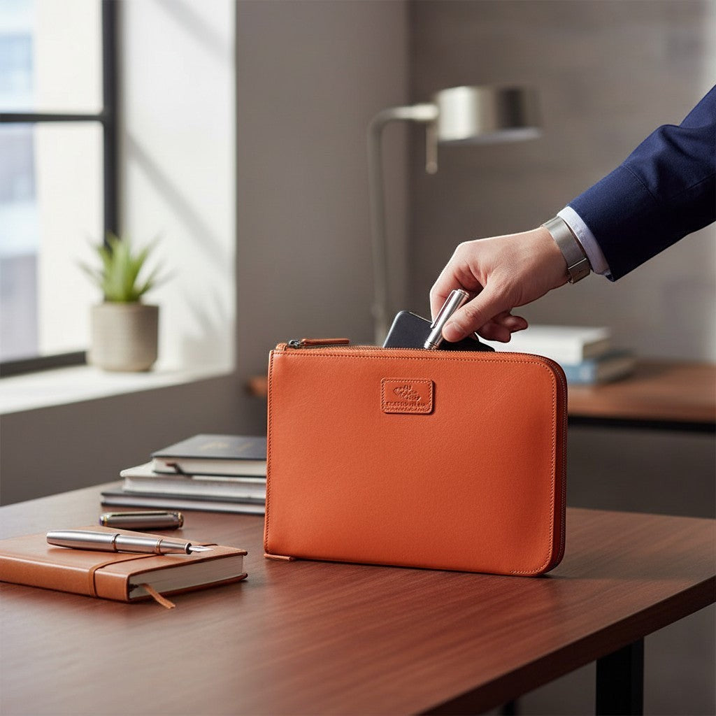 Chris Louis tan leather i-pad/file organizer with zippered closure and detachable wristlet.