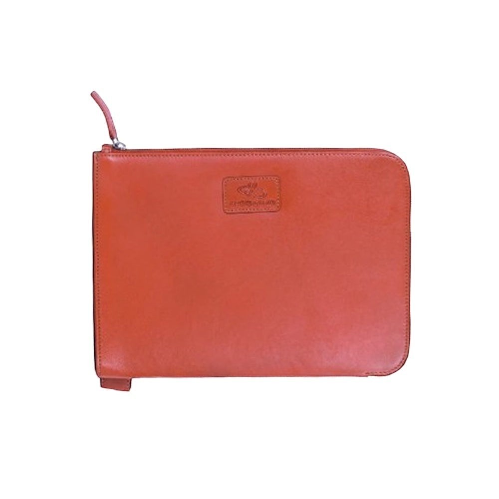 Chris Louis tan leather zippered i-pad/file organizer with detachable wristlet and slip pocket inside.