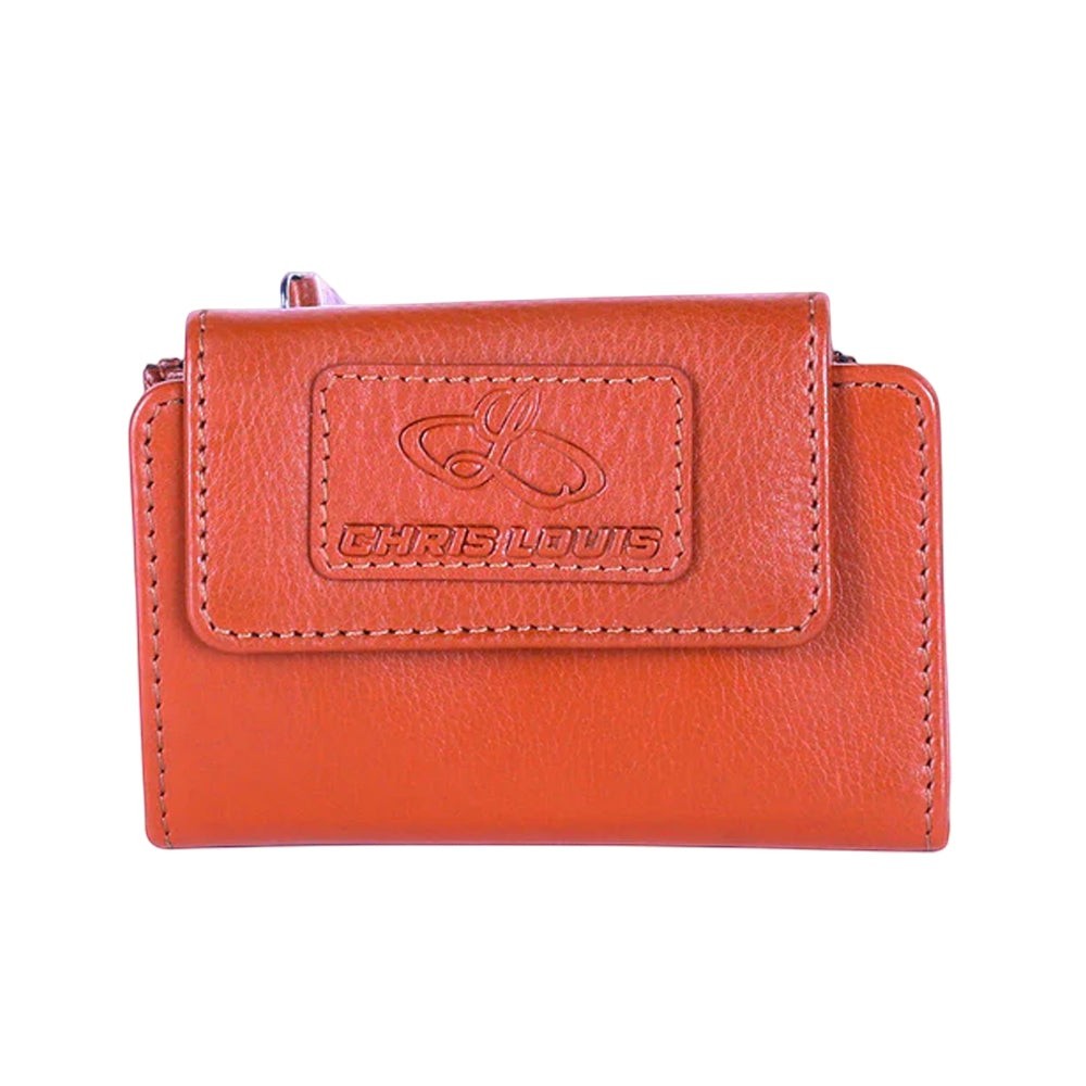 Chris Louis orange genuine leather bifold key holder wallet with embossed logo and RFID protection.