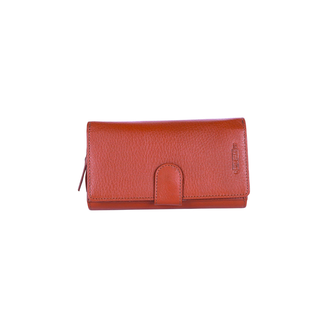 Chris Louis tan genuine veg-tan leather flap clutch ladies wallet with 22 card slots and zip compartment.