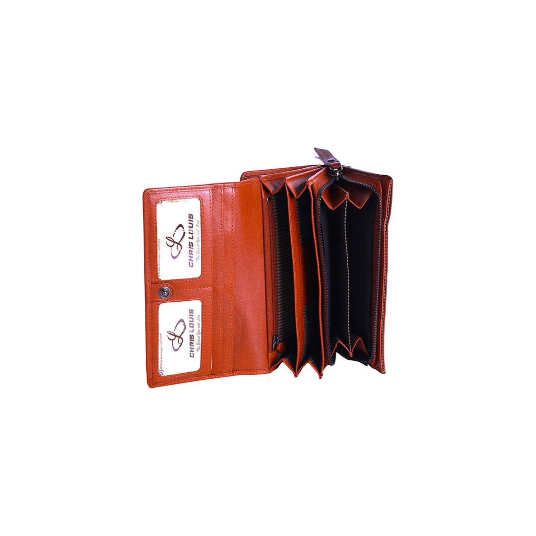 Chris Louis tan genuine veg-tan leather flap clutch ladies wallet with 22 card slots, 4 ID windows, 6 slip pockets, and zip coin compartment.