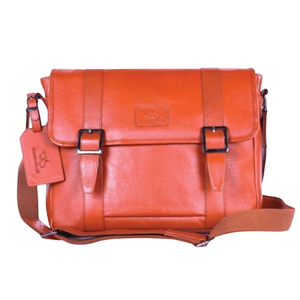 Chris Louis tan leather messenger bag with double buckle closure and adjustable strap. Ideal for daily commutes.