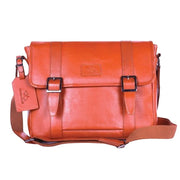 Chris Louis tan leather messenger bag with double buckle closure and adjustable strap. Ideal for daily commutes.