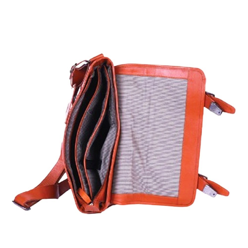 Chris Louis tan leather messenger bag with multiple compartments and metal hardware closure.
