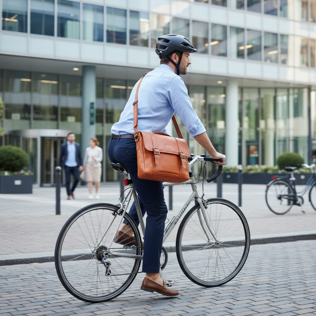 Chris Louis tan leather messenger bag with flap and buckle closures, worn by a woman walking on a cobblestone street.
