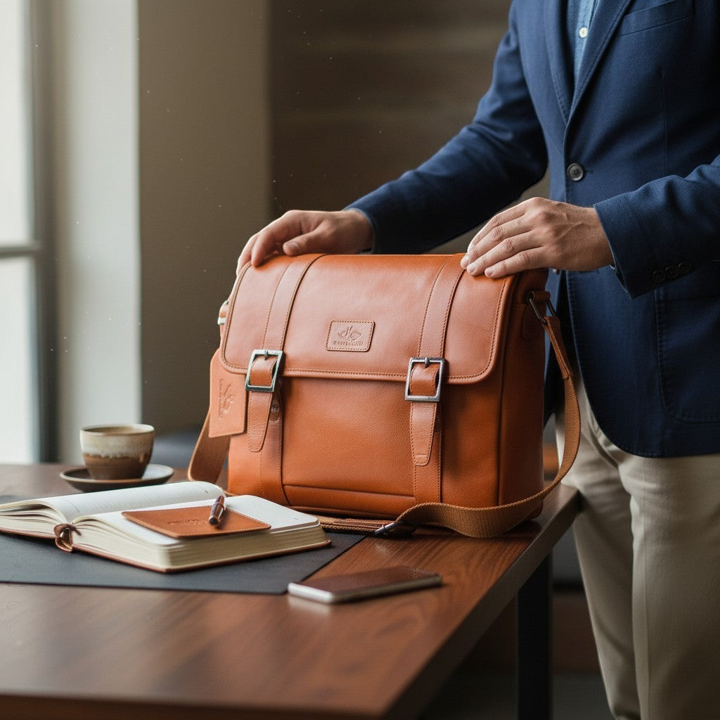 Chris Louis tan leather messenger bag with buckle closures and adjustable strap, on a desk with a notebook and coffee cup.