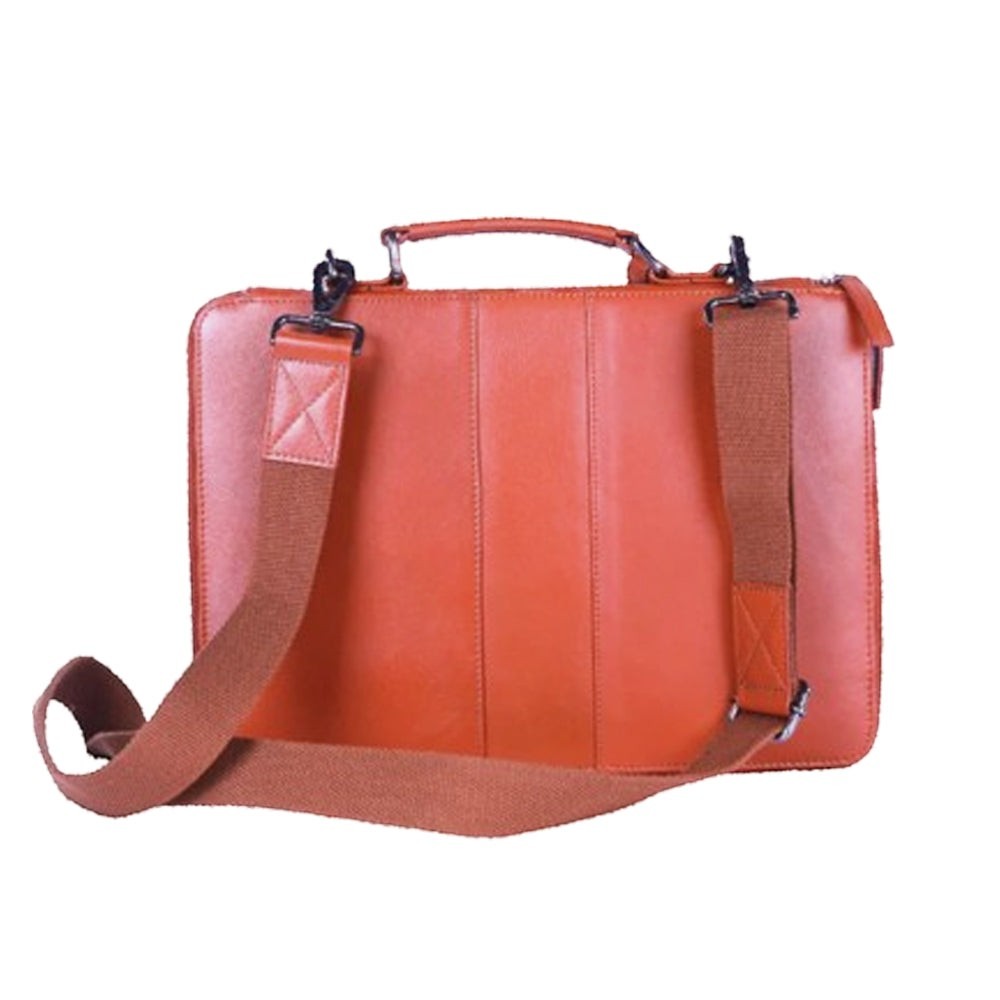 Chris Louis tan leather office organizer bag with top handle and detachable shoulder strap