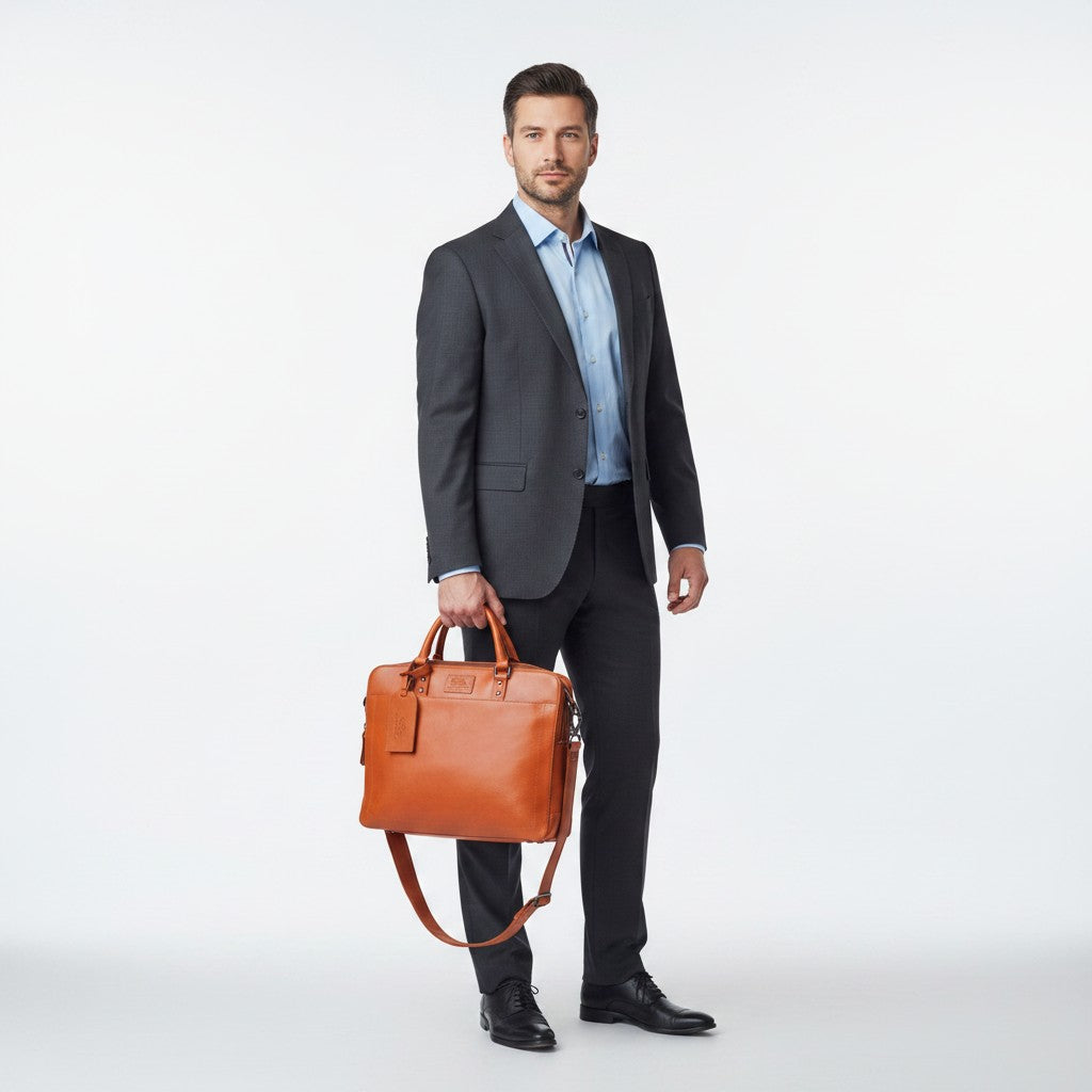 Chris Louis tan genuine veg-tan hide leather office bag with top handle and detachable shoulder strap