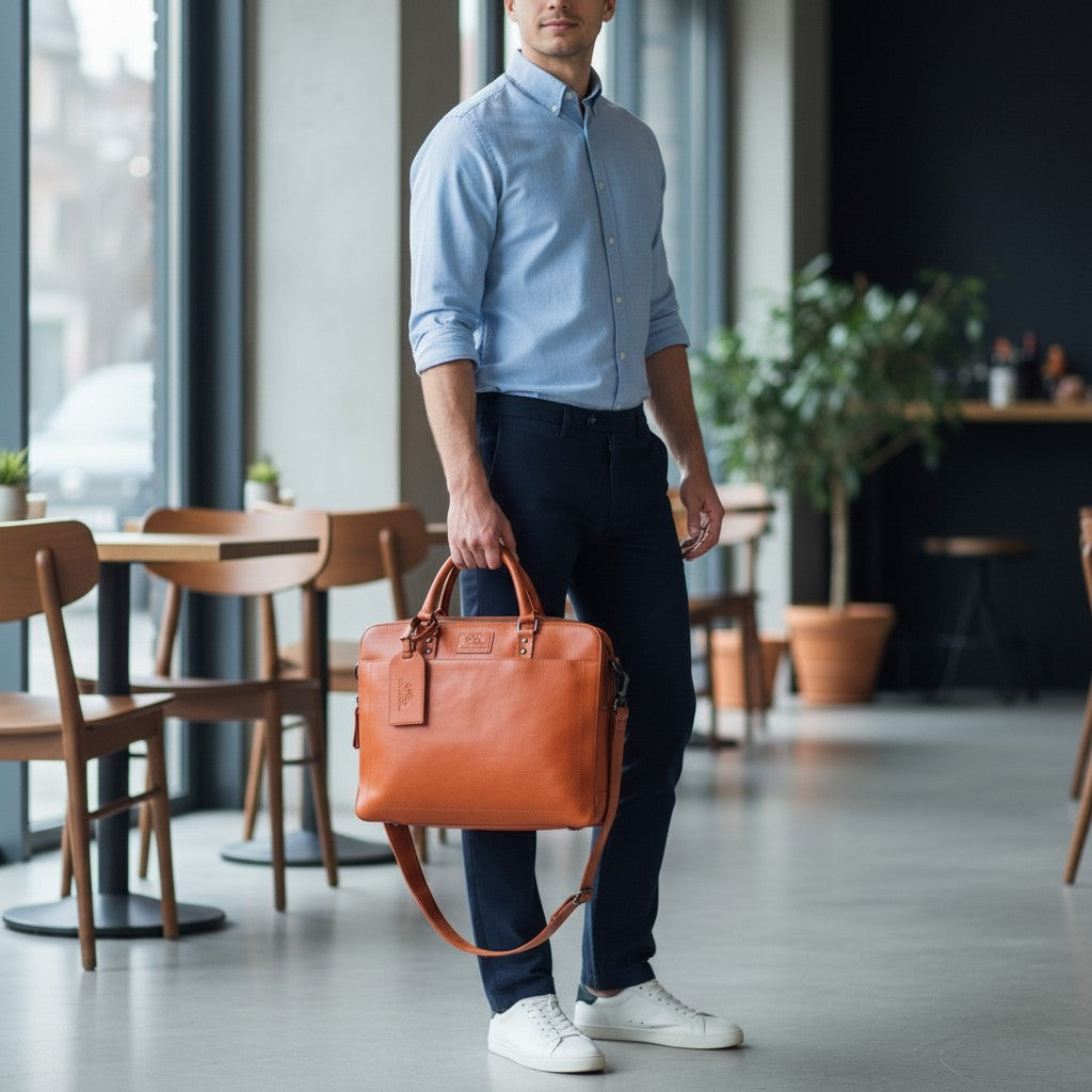 Chris Louis tan genuine veg-tan hide leather office bag with top handle and detachable shoulder strap.