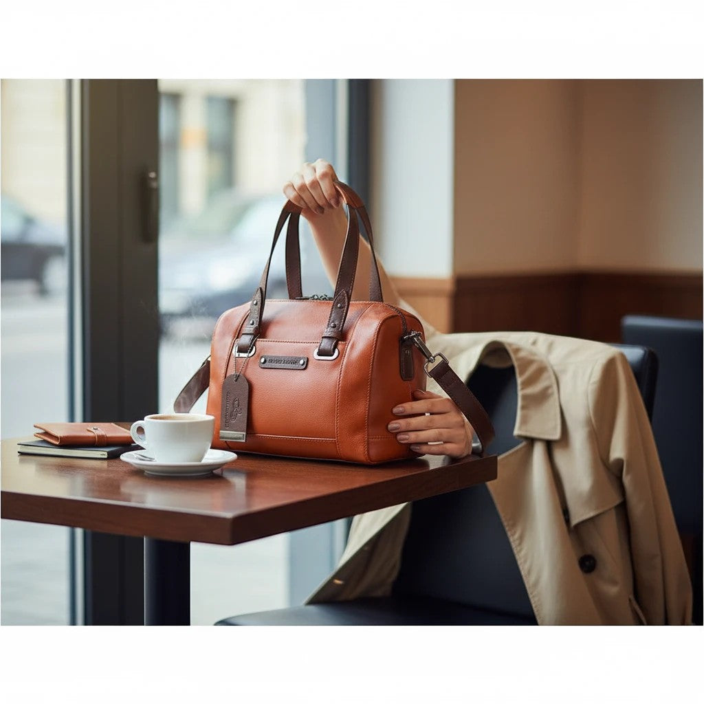 Chris Louis tan leather satchel handbag with dark brown handles and strap, zip top, and interior pockets.