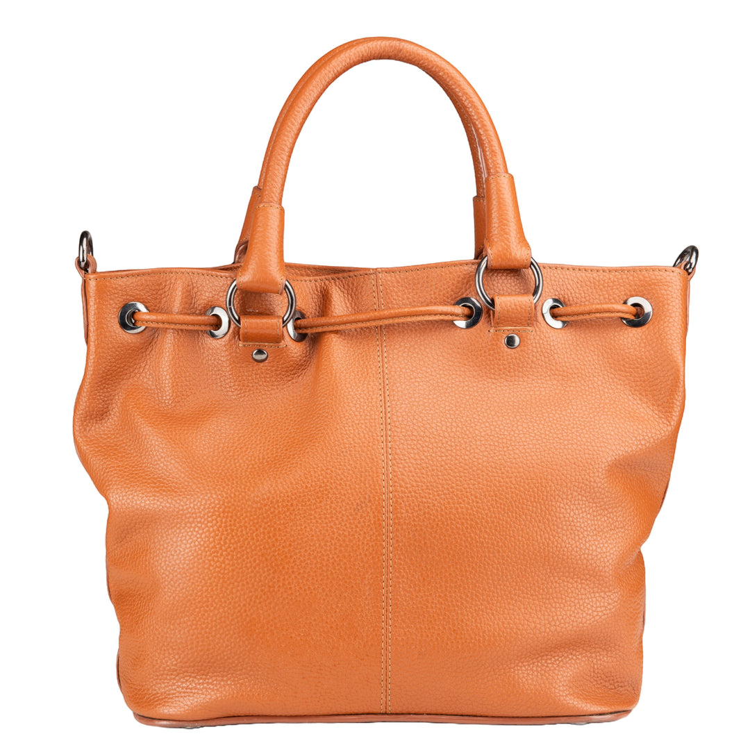 Chris Louis tan full grain leather satchel bag with drawstring closure, top handle, and silver metal hardware.