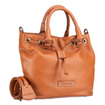 Chris Louis tan full grain leather satchel bag with drawstring closure, top handles, and removable crossbody strap.