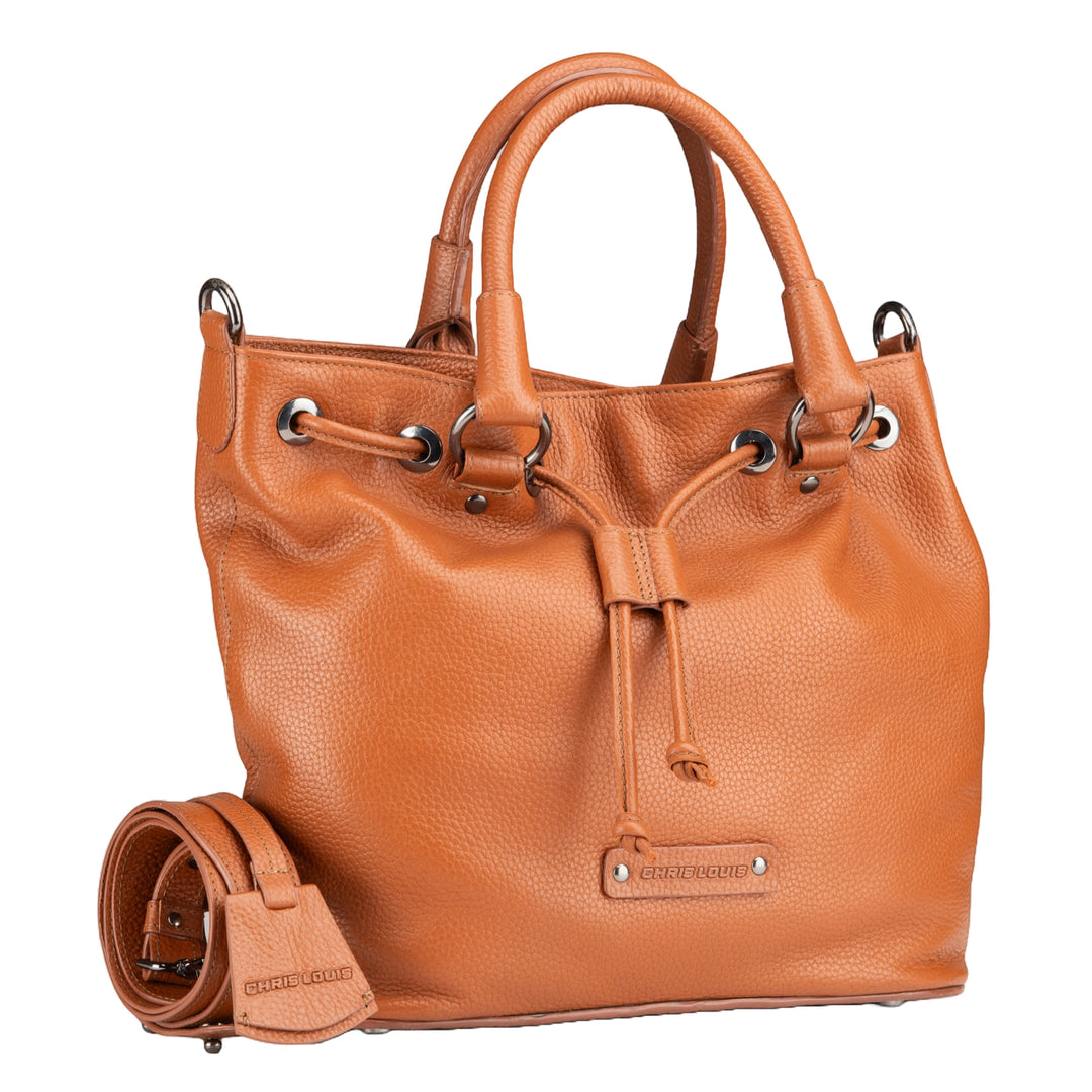 Chris Louis tan full grain leather satchel bag with drawstring closure, top handles, and removable crossbody strap.