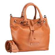 Chris Louis tan full grain leather satchel bag with drawstring closure, top handles, and removable crossbody strap.