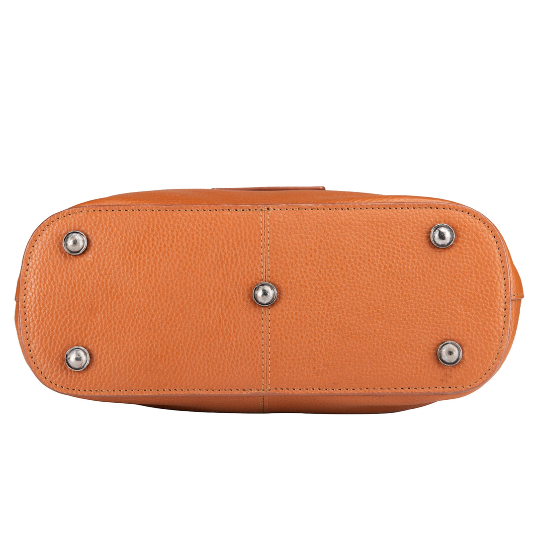 Bottom view of a Chris Louis tan full grain leather satchel bag featuring five protective metal feet.