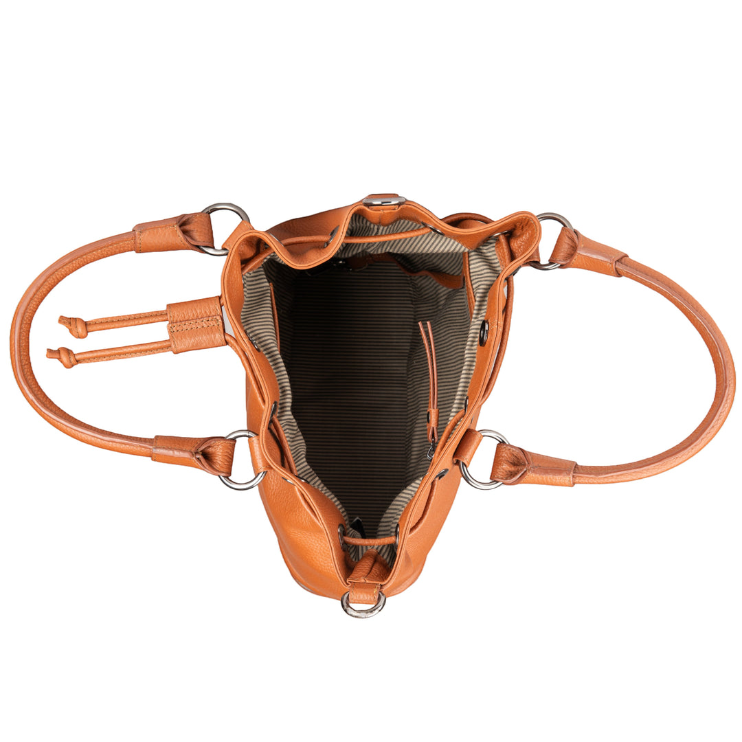 Chris Louis tan full grain leather satchel bag with top handles and striped cotton interior, top-down view.