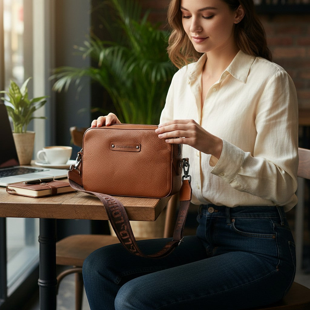 Chris Louis Moolicious sling bag in tan full grain leather with a webbed strap, a compact design with secure storage.