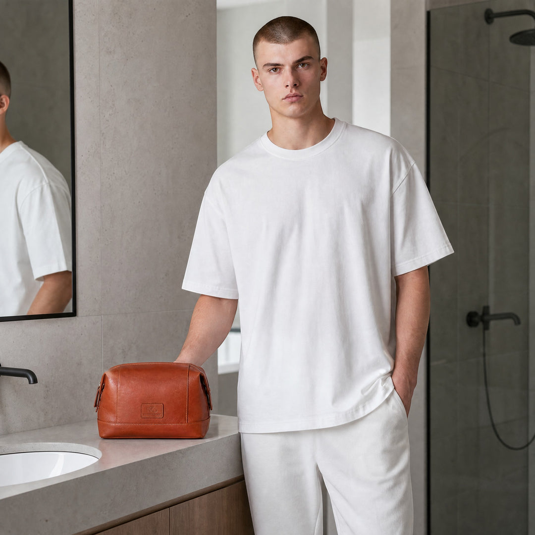 Chris Louis tan genuine leather toiletry bag with multiple compartments and zipper closure. Compact and versatile.