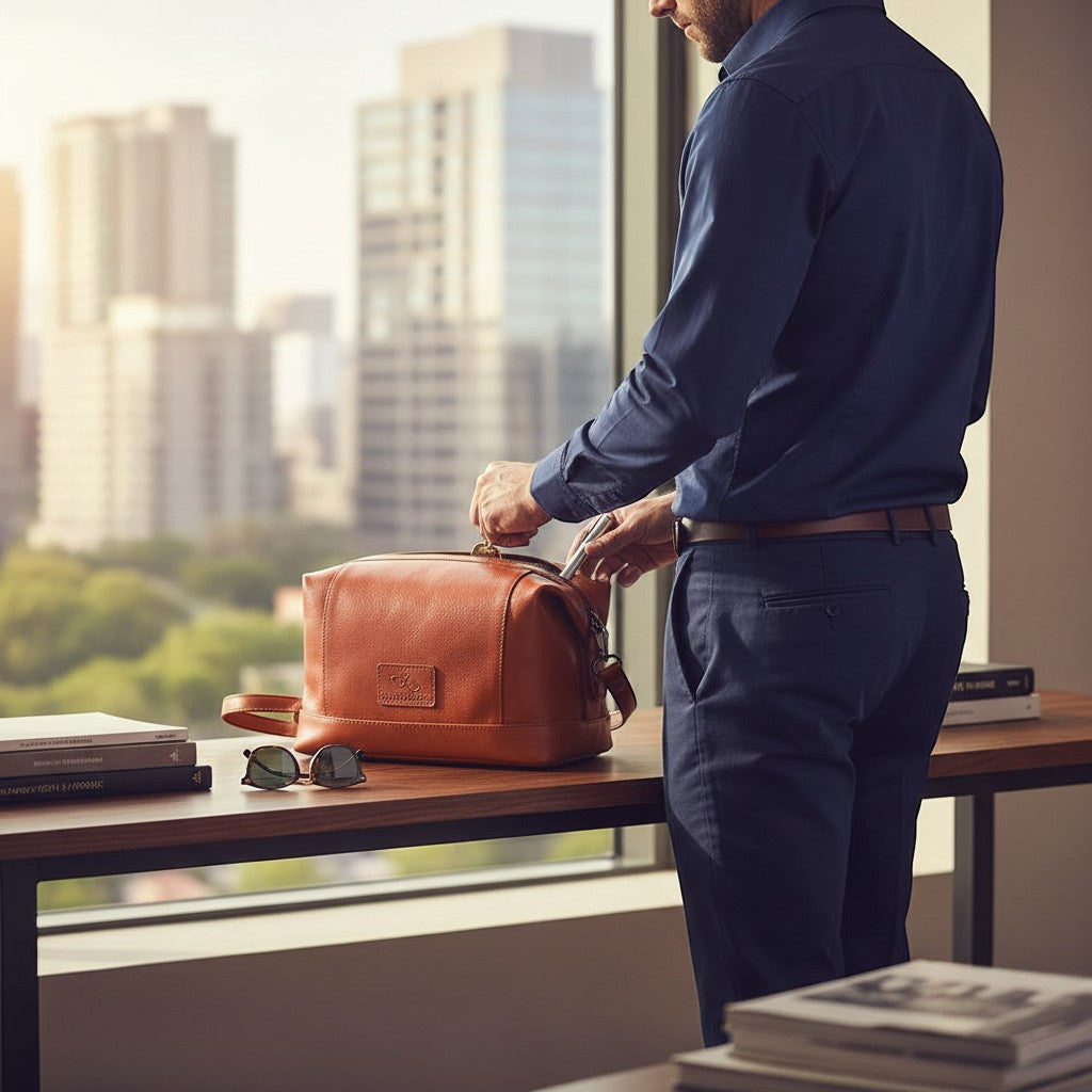 Chris Louis tan leather toiletry bag with multiple compartments and zipper closure, held by a man.