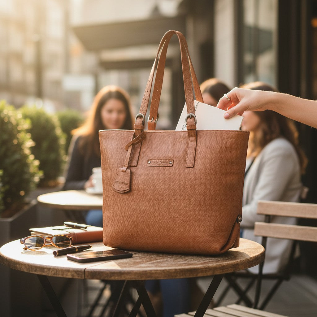 Chris Louis classic tan leather tote bag with zip-top closure and exterior pocket, on a table with sunglasses and phone.