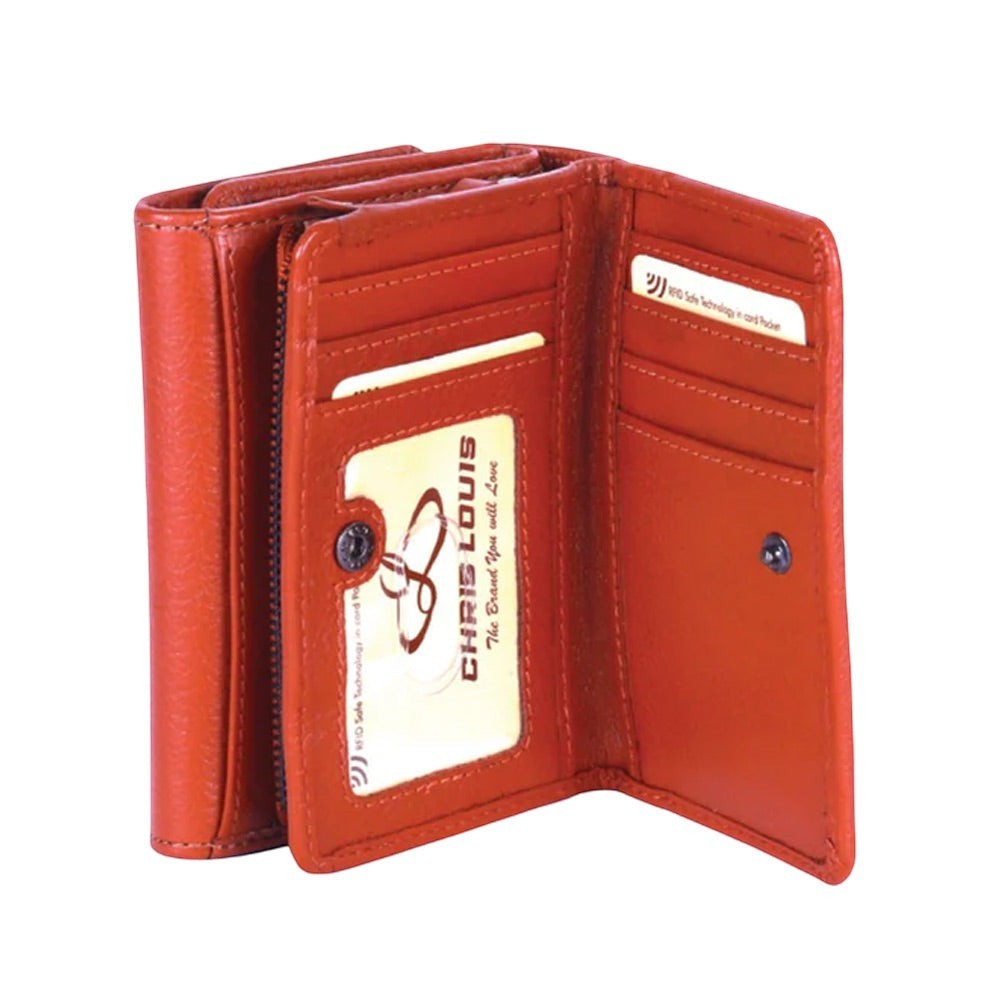 Chris Louis tan leather tri-fold wallet with snap closure, 16 card slots, ID window, zip coin pocket, and note compartment.