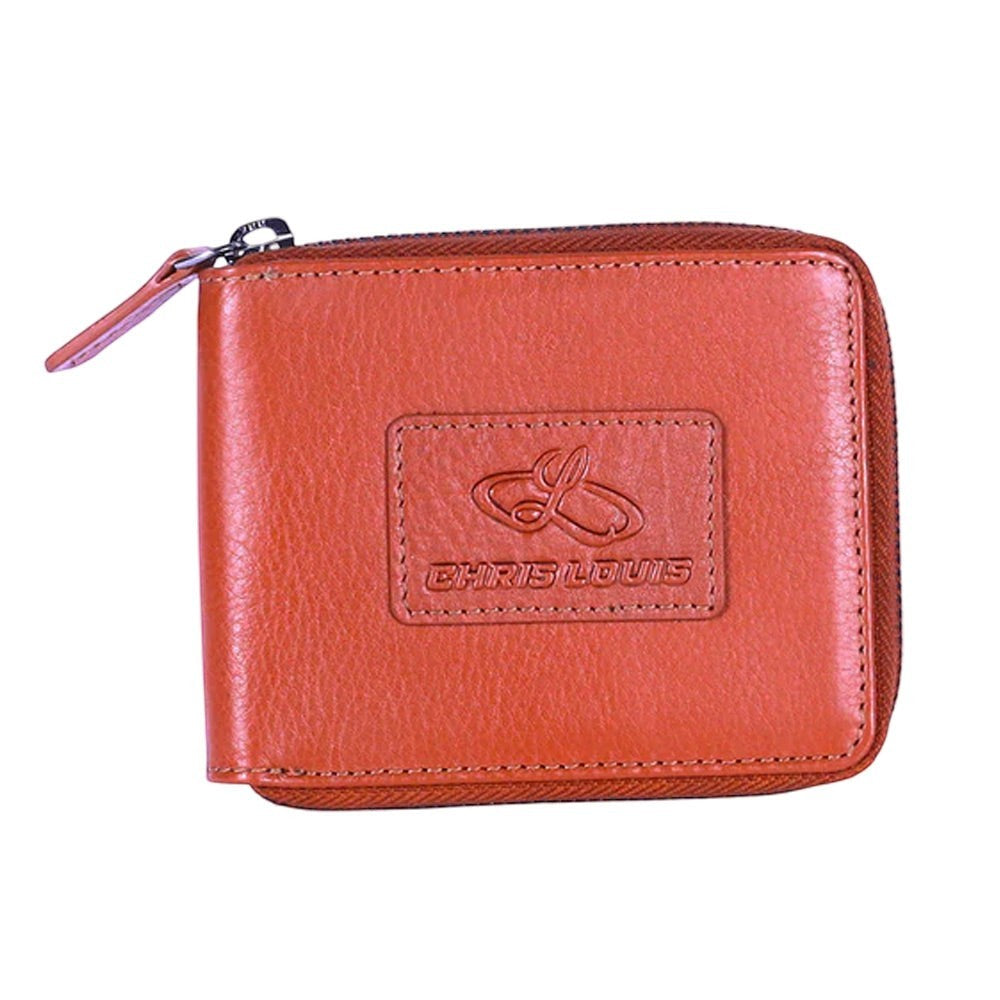 Chris Louis tan genuine leather RFID protected around zipper wallet with 10 card slots and note compartment.