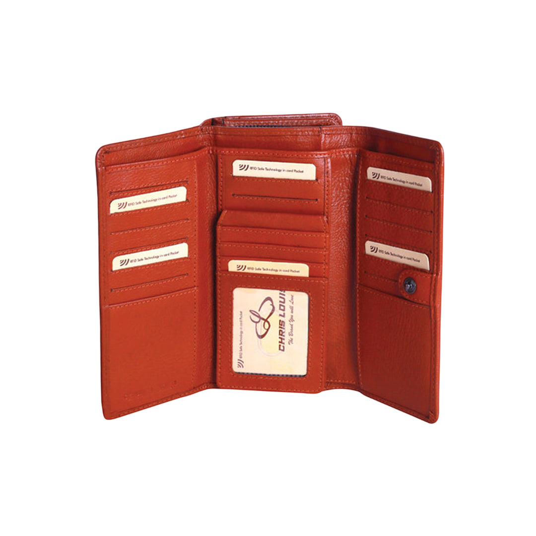 Chris Louis tan genuine leather tri-fold ladies wallet with 27 card slots, coin zipper, and RFID protection.