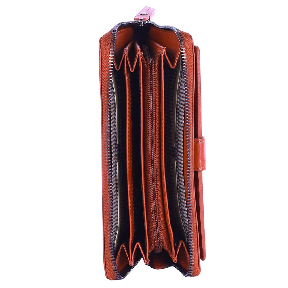 Chris Louis tan genuine leather zip-around ladies wallet with 26 card slots and coin section.
