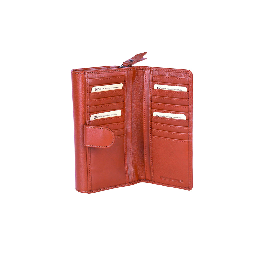 Chris Louis tan genuine veg-tan leather flap clutch ladies wallet with 22 card slots and RFID protection.
