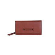 Chris Louis tan genuine veg-tan leather flap clutch ladies wallet with 22 card slots and zip compartment.
