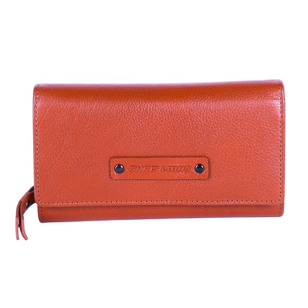 Chris Louis tan leather flap clutch wallet with multiple card slots and zipper pockets.