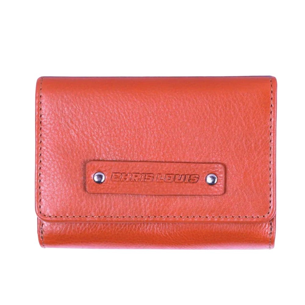 Chris Louis tan tri-fold leather wallet with snap closure, 16 card slots, ID window, zip coin pocket, and note compartment.