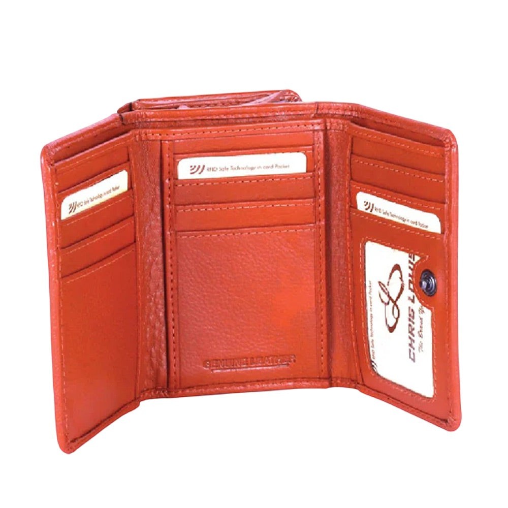 Chris Louis tan leather tri-fold wallet with RFID protection, 16 card slots, ID window, zip coin pocket, and note compartment.