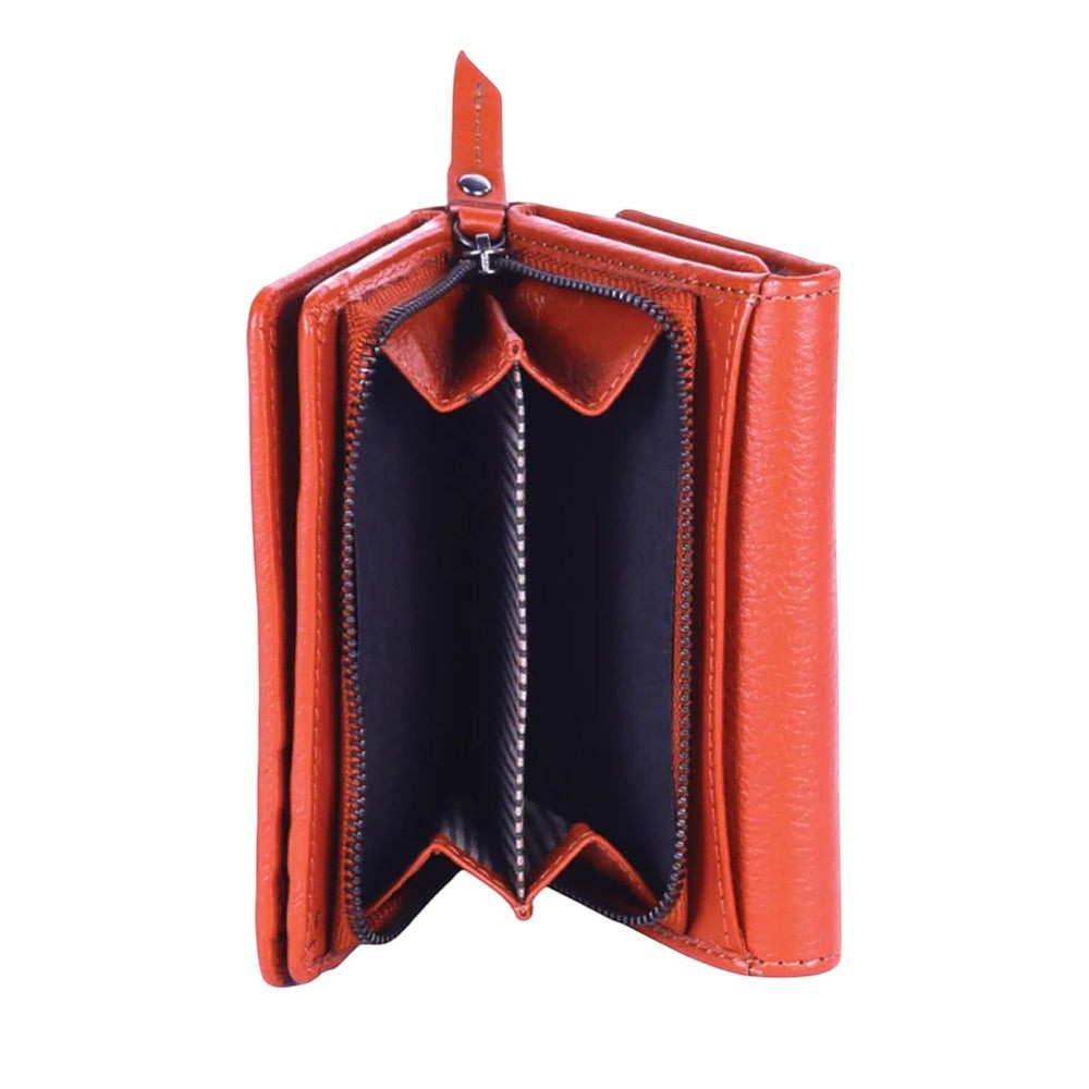Chris Louis Gilgie ladies tri-fold wallet in tan genuine leather with snap closure and zip coin pocket.