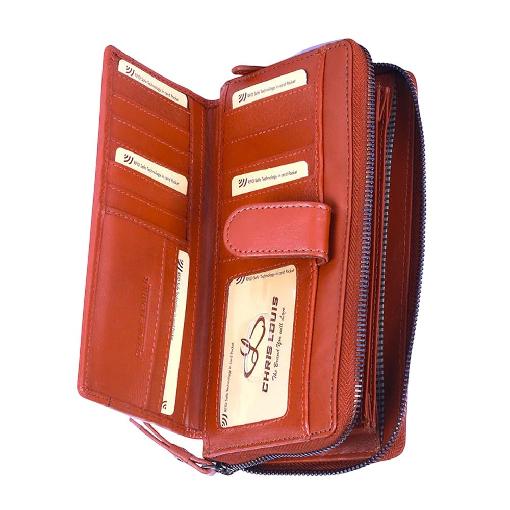 Chris Louis tan genuine leather zip-around clutch wallet with 26 card slots, ID window, and coin zipper.