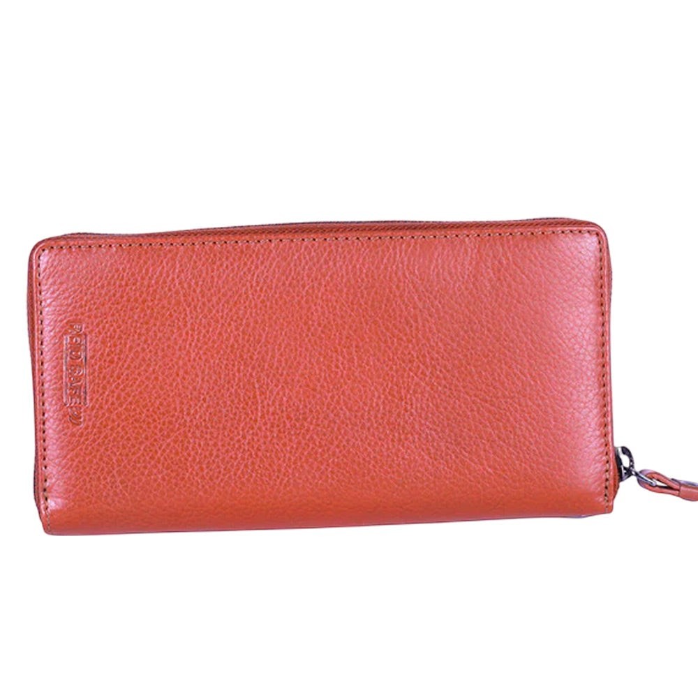 Chris Louis tan genuine leather zip-around clutch wallet with RFID protection, 26 card slots, and wristlet strap.