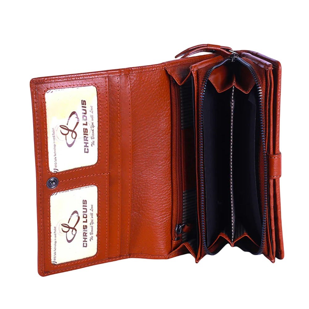Chris Louis tan leather ladies wallet with multiple card slots, coin pocket, and zipper compartments.