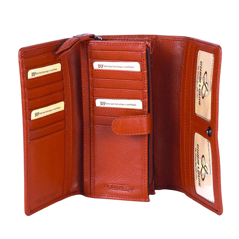 Chris Louis tan leather flap clutch wallet with 18 card slots, ID window, coin pocket, and RFID protection.