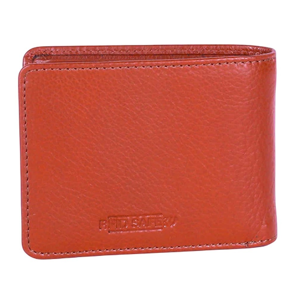 Chris Louis tan bi-fold wallet made from genuine veg-tan leather with RFID protection and multiple card slots.