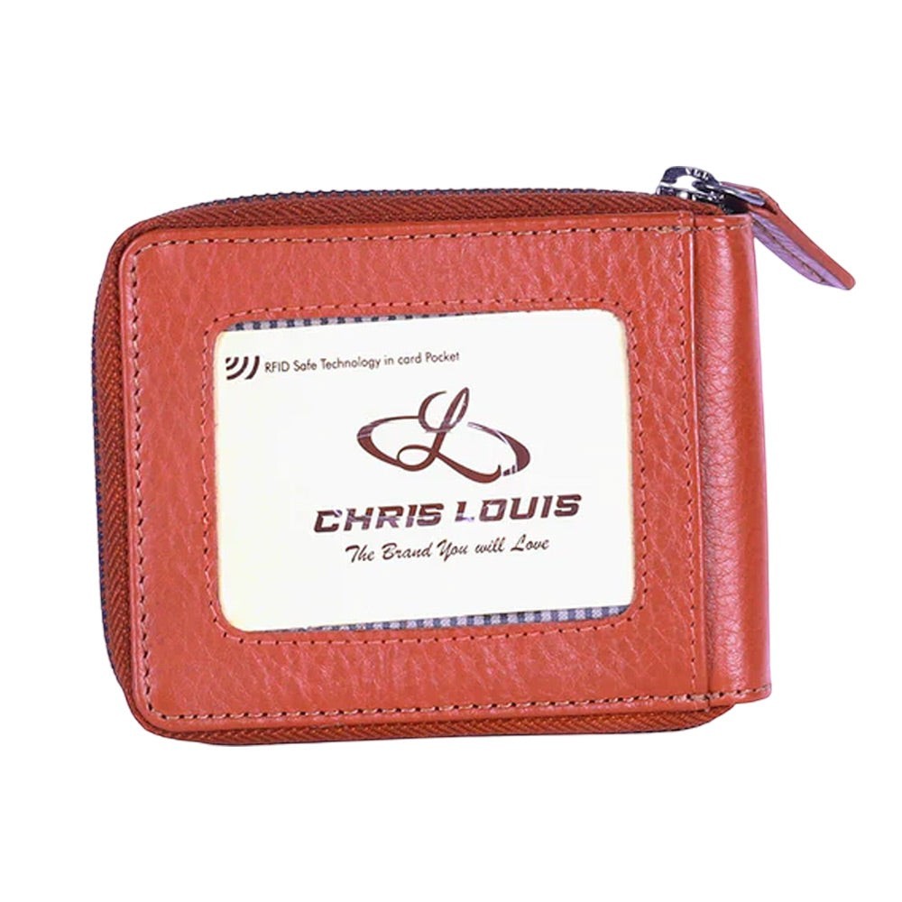 Chris Louis tan genuine leather RFID protected around zipper wallet with 10 card slots and ID window.