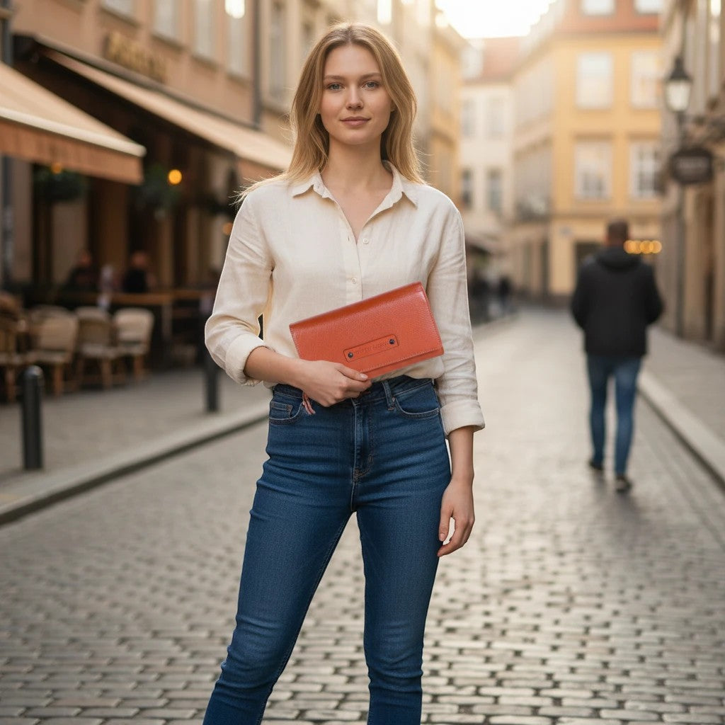 Chris Louis tan leather Venice ladies wallet with multiple card slots and coin pocket, held by a woman on a cobblestone street.